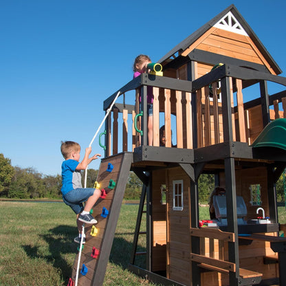 Canyon Creek Cedar Wood Swing Set with Wave Slide, Clubhouse, Play Kitchen, Picnic Area, Belt Swings, Web Swing, Rock Wall, Balconies, Playhouse, Step Ladder, Outdoor Playset