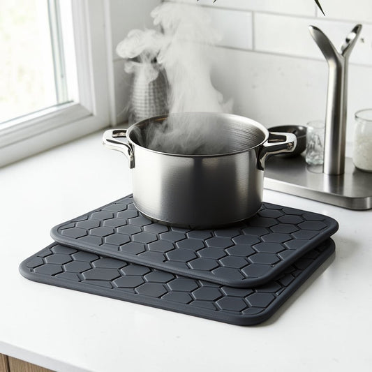 Zaldy Silicone Trivet Mats Set of 4 - Extra Thick Honeycomb Design - Heat Resistant up to 480°F - Non-Slip Pot Holders & Jar Opener - Charcoal Grey